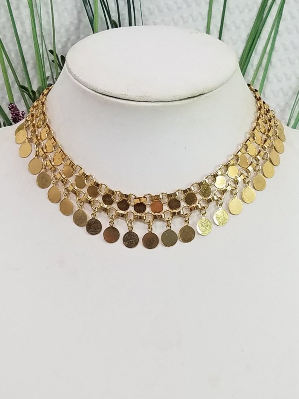 Vintage Gold Tone Tassel Mesh Disk Chain Link Byzantine Design Choker Necklace
